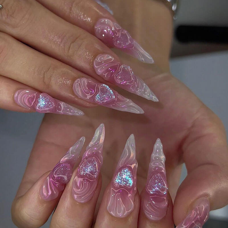 3D nail art pink love manicure long nail patch glitter fake nails 24pcs