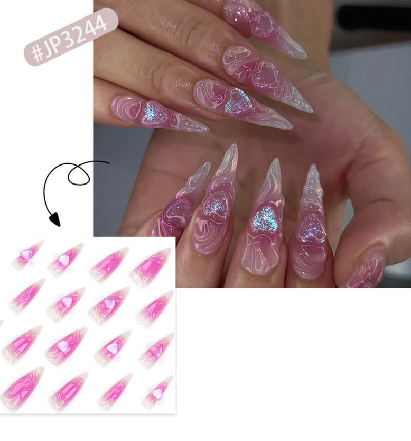 3D nail art pink love manicure long nail patch glitter fake nails 24pcs