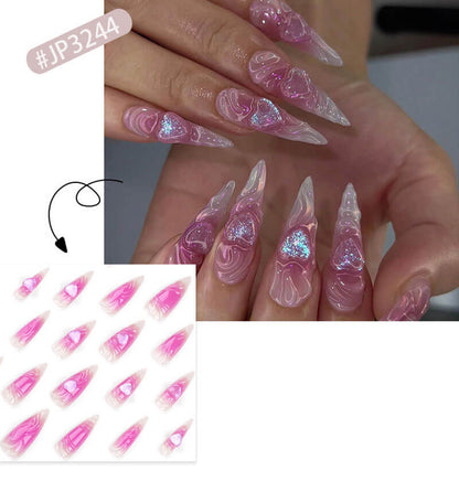 3D nail art pink love manicure long nail patch glitter fake nails 24pcs