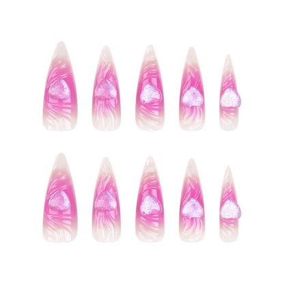3D nail art pink love manicure long nail patch glitter fake nails 24pcs