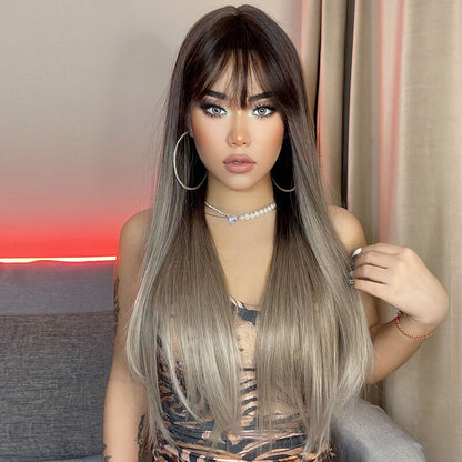 New wigs long straight hair wig headgear gradient gray high temperature wire