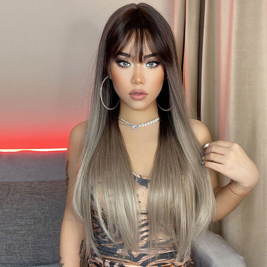 New wigs long straight hair wig headgear gradient gray high temperature wire