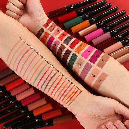 15 Color Matte Liquid Lipstick+Lip Liner Double-Headed Long Lasting Vegan