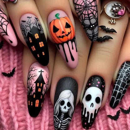 Halloween Press On Nails Pumpkin Skulls Nail Stickers Spider Web Manicure 24 Pcs