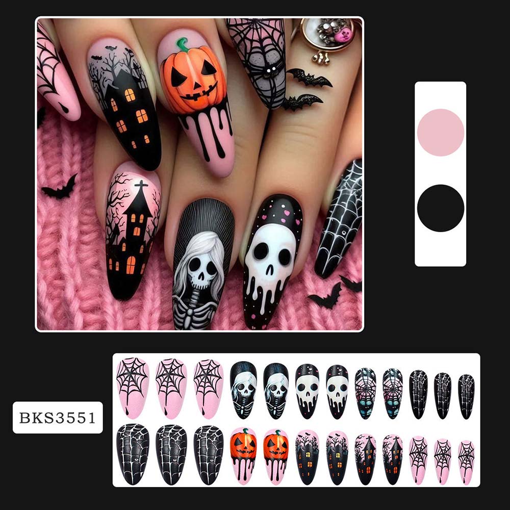 Halloween Press On Nails Pumpkin Skulls Nail Stickers Spider Web Manicure 24 Pcs