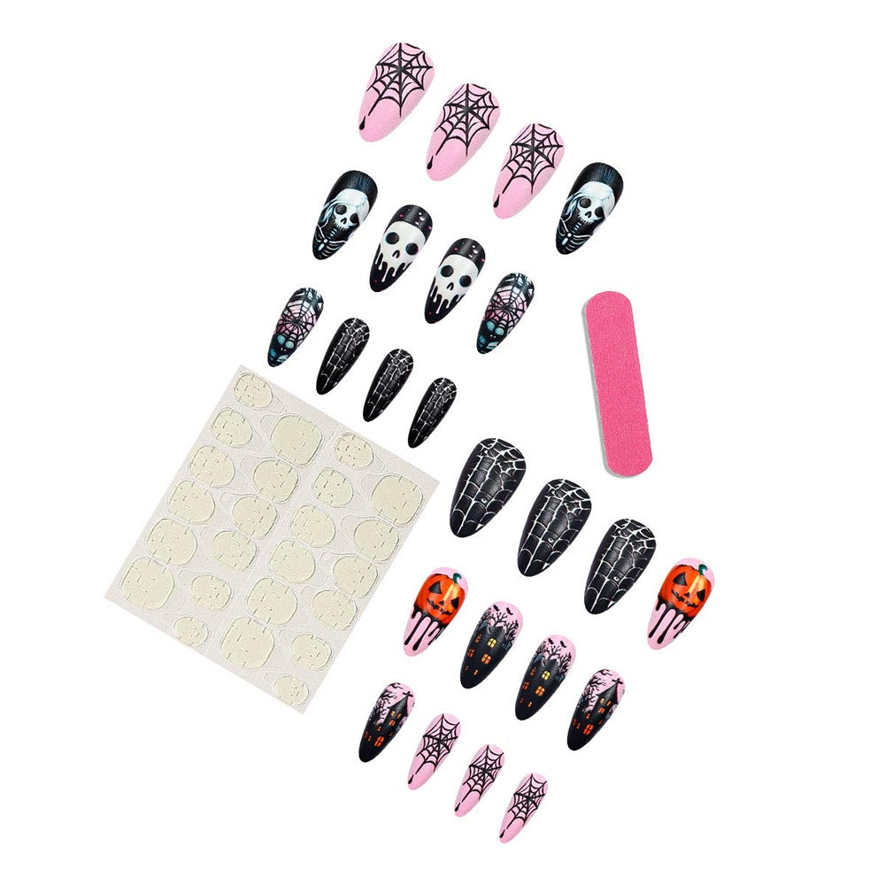 Halloween Press On Nails Pumpkin Skulls Nail Stickers Spider Web Manicure 24 Pcs