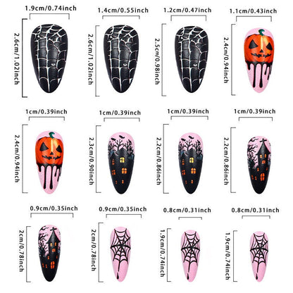Halloween Press On Nails Pumpkin Skulls Nail Stickers Spider Web Manicure 24 Pcs