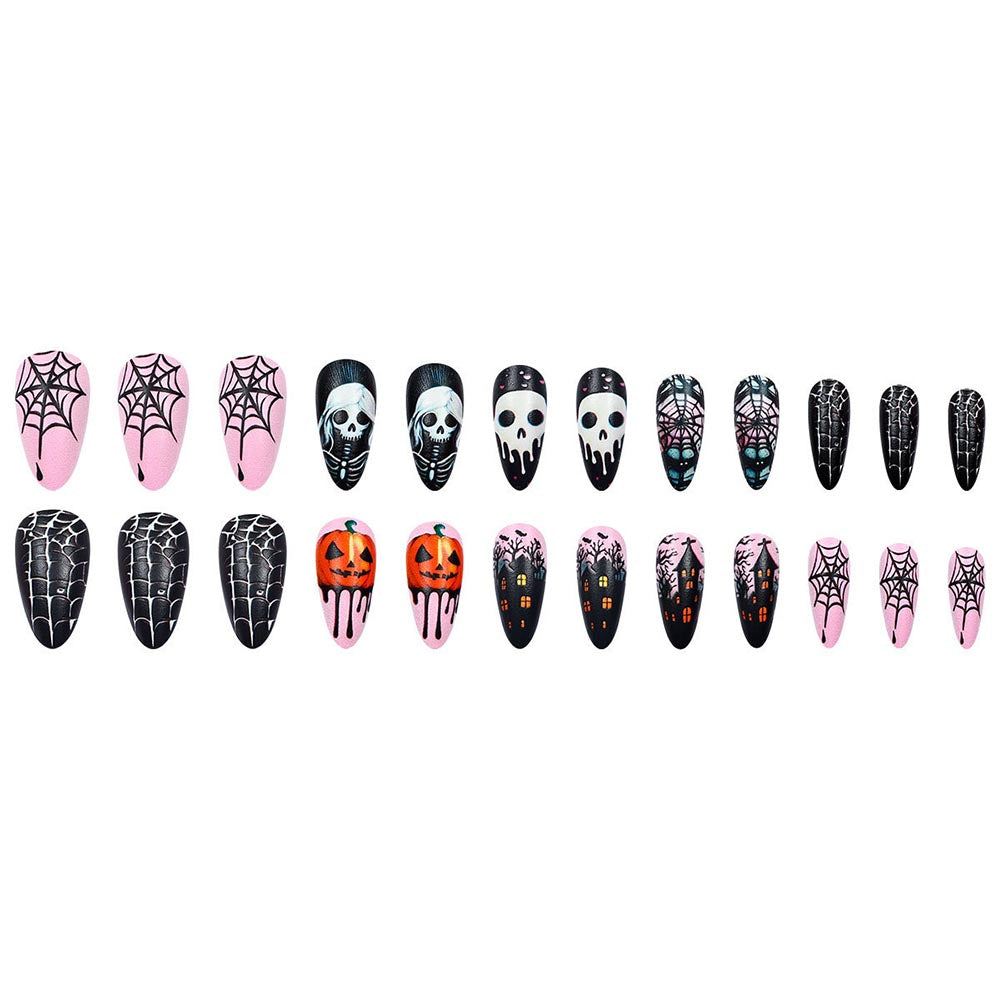 Halloween Press On Nails Pumpkin Skulls Nail Stickers Spider Web Manicure 24 Pcs