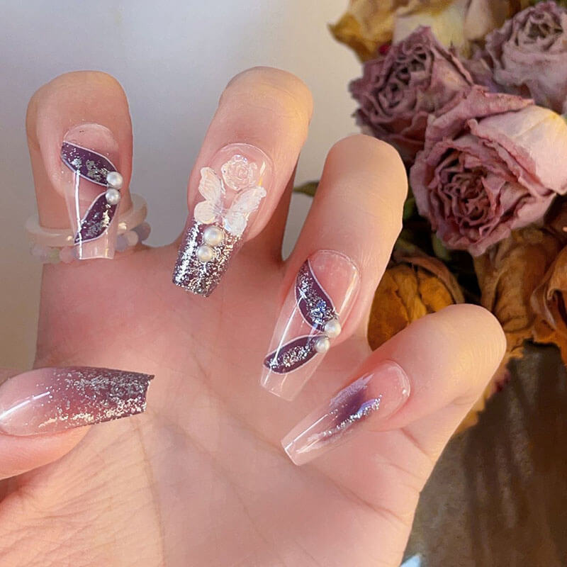 Press on nails art tips long coffin glitter with nail glue 24 pcs