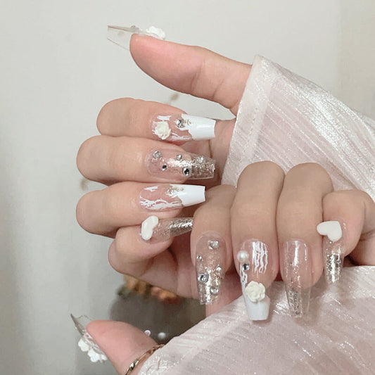 Nails press on nails luxury diamond camellia bride wedding 24pcs