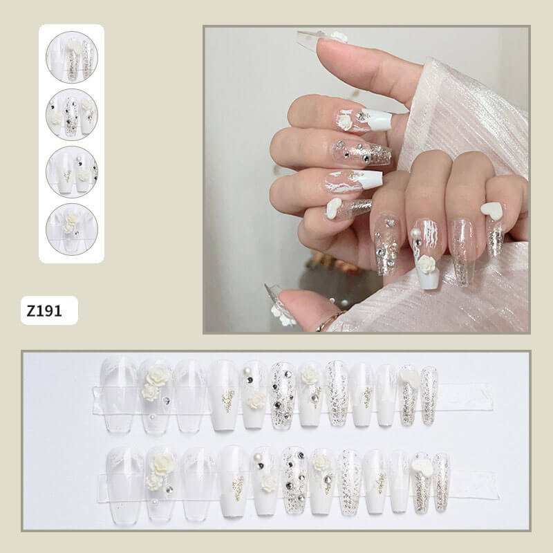 Nails press on nails luxury diamond camellia bride wedding 24pcs