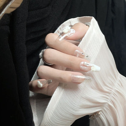 Nails press on nails luxury diamond camellia bride wedding 24pcs