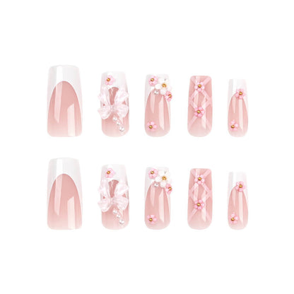 Pink cute nail art wear nail tips bow long flower nail stickers 24pcs