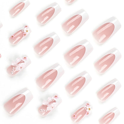 Pink cute nail art wear nail tips bow long flower nail stickers 24pcs