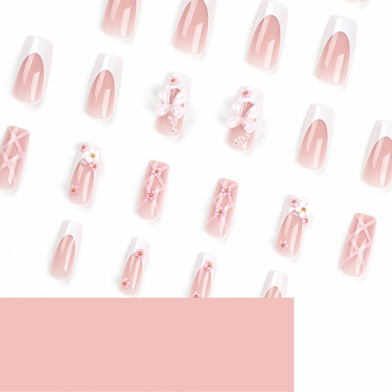 Pink cute nail art wear nail tips bow long flower nail stickers 24pcs