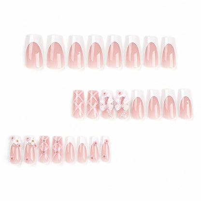 Pink cute nail art wear nail tips bow long flower nail stickers 24pcs