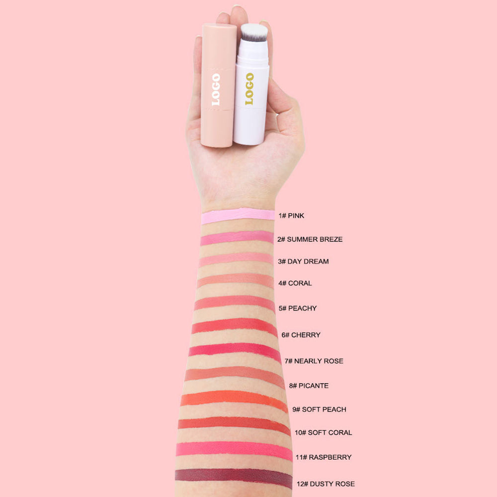12 Color 2 In 1 Blush Stick With Brush Cream Long Lasting Waterproof Vegan