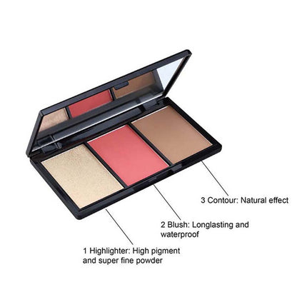 3-In-1 Contour Blush Highlighter Palette High Pigmented Docile Nature No Logo
