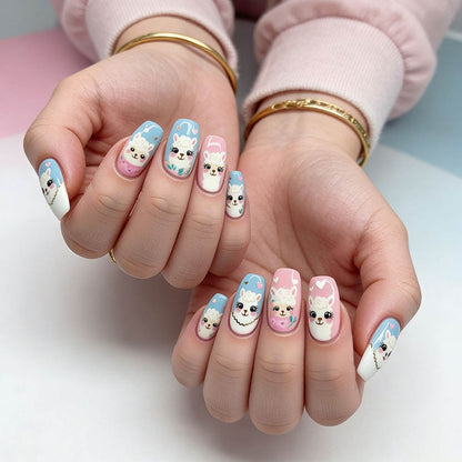 Cute Little Lamb Fake Nails Long Wearable Nail Art Oval-shaped Nail Stickers Manicure