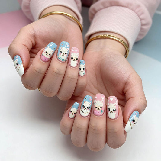 Cute Little Lamb Fake Nails Long Wearable Nail Art Oval-shaped Nail Stickers Manicure