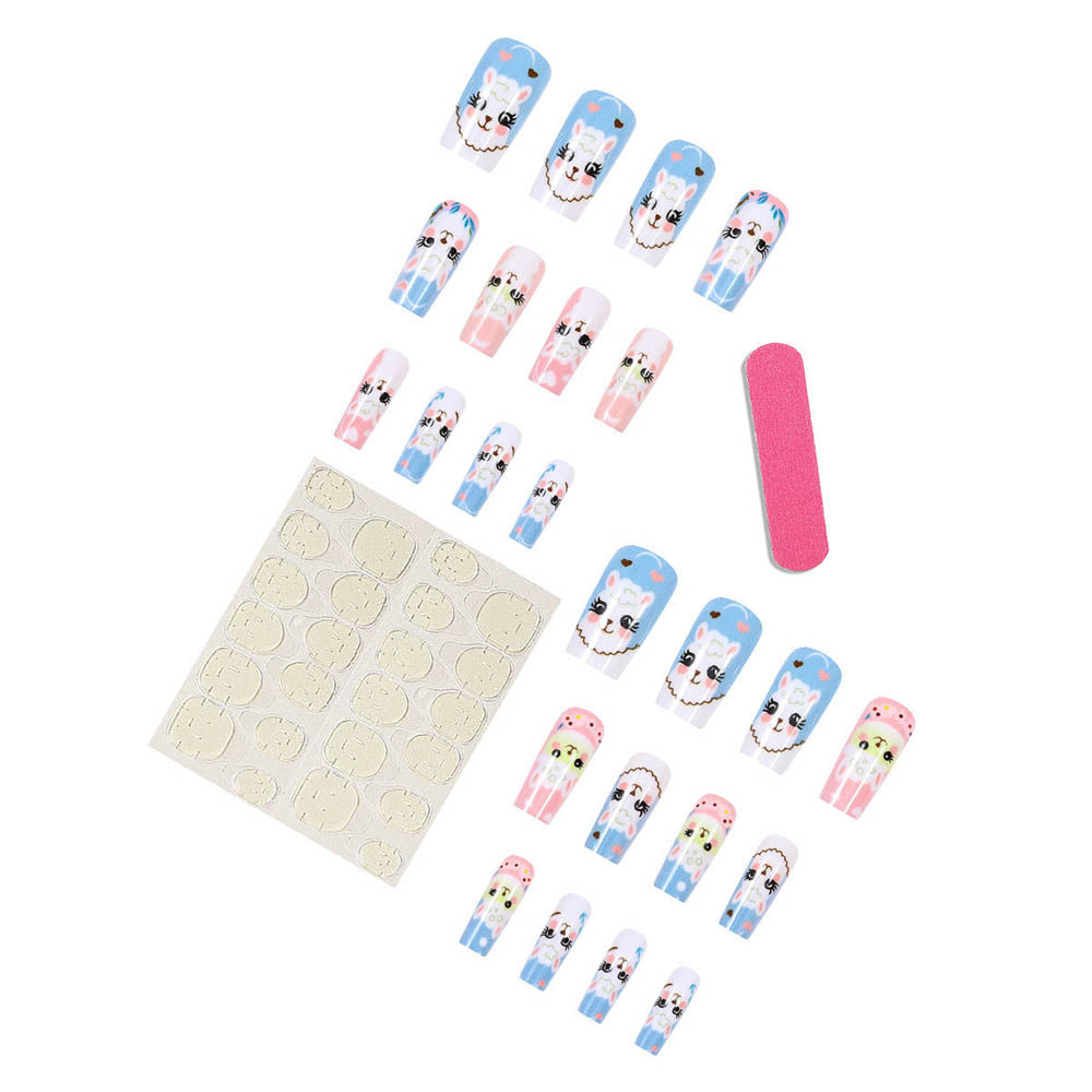 Cute Little Lamb Fake Nails Long Wearable Nail Art Oval-shaped Nail Stickers Manicure