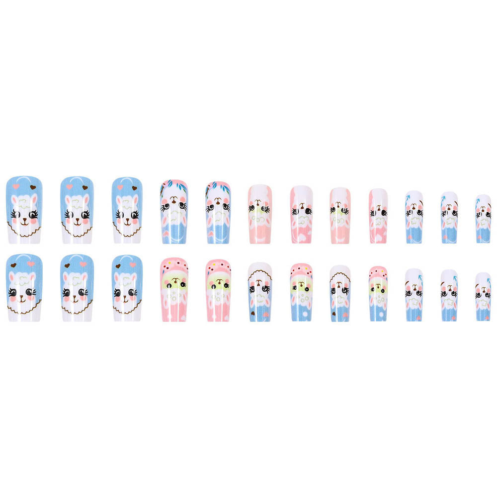Cute Little Lamb Fake Nails Long Wearable Nail Art Oval-shaped Nail Stickers Manicure