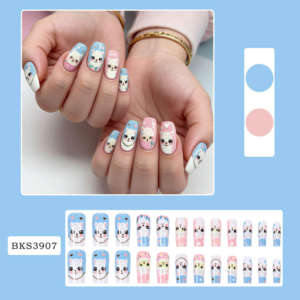 Cute Little Lamb Fake Nails Long Wearable Nail Art Oval-shaped Nail Stickers Manicure