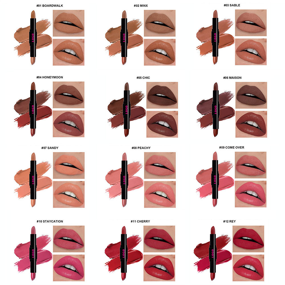 12-Color 2-in-1 Matte & Moisturizing Lipstick Dual Long-Lasting Non-sticky