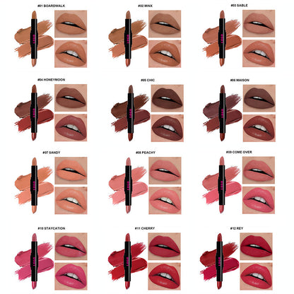 12-Color 2-in-1 Matte & Moisturizing Lipstick Dual Long-Lasting Non-sticky