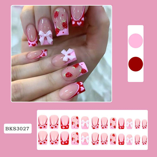 Strawberry Bow Press On Nails French Manicure Nail Art Nail Film Detachable 24 Pcs