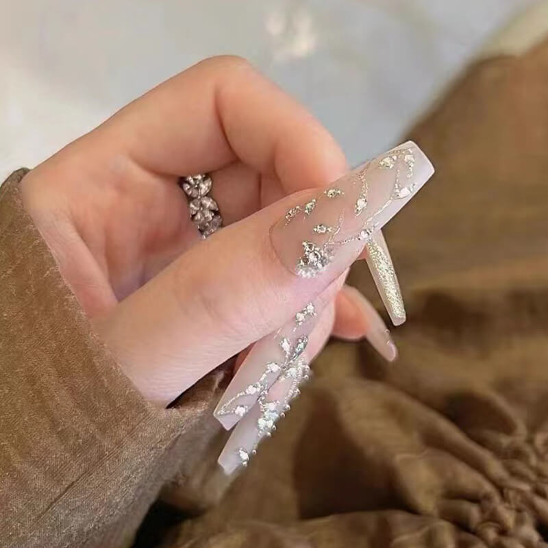 Diamond nails press on nails long ballet luxury bride wedding party