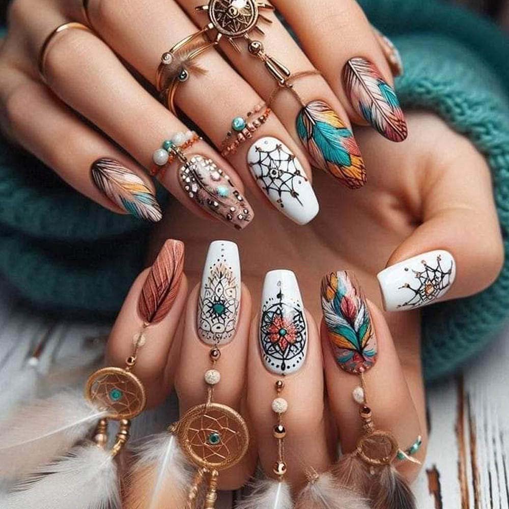 Manicure Colorful Feather Stained Nail Pieces Elegant Nail Design Fake Nail Art