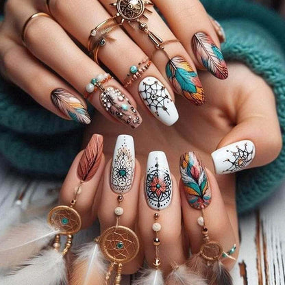 Manicure Colorful Feather Stained Nail Pieces Elegant Nail Design Fake Nail Art