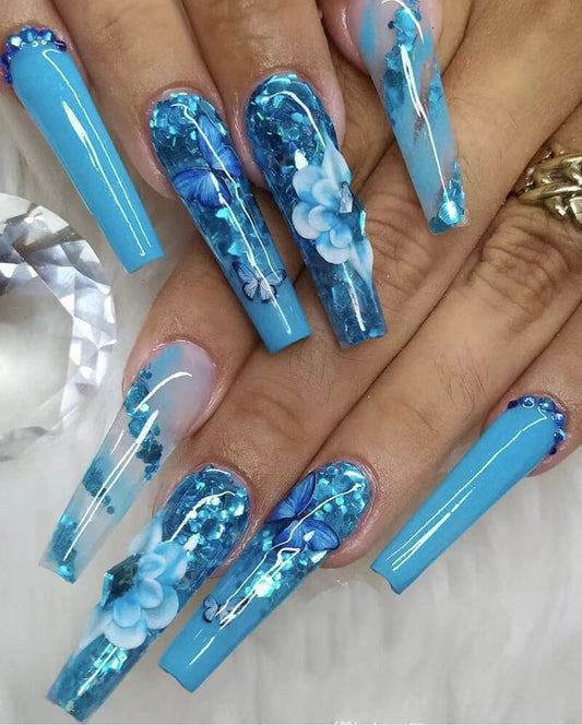 Ballerina nail false nails blue butterfly long reusable nail art 24pcs