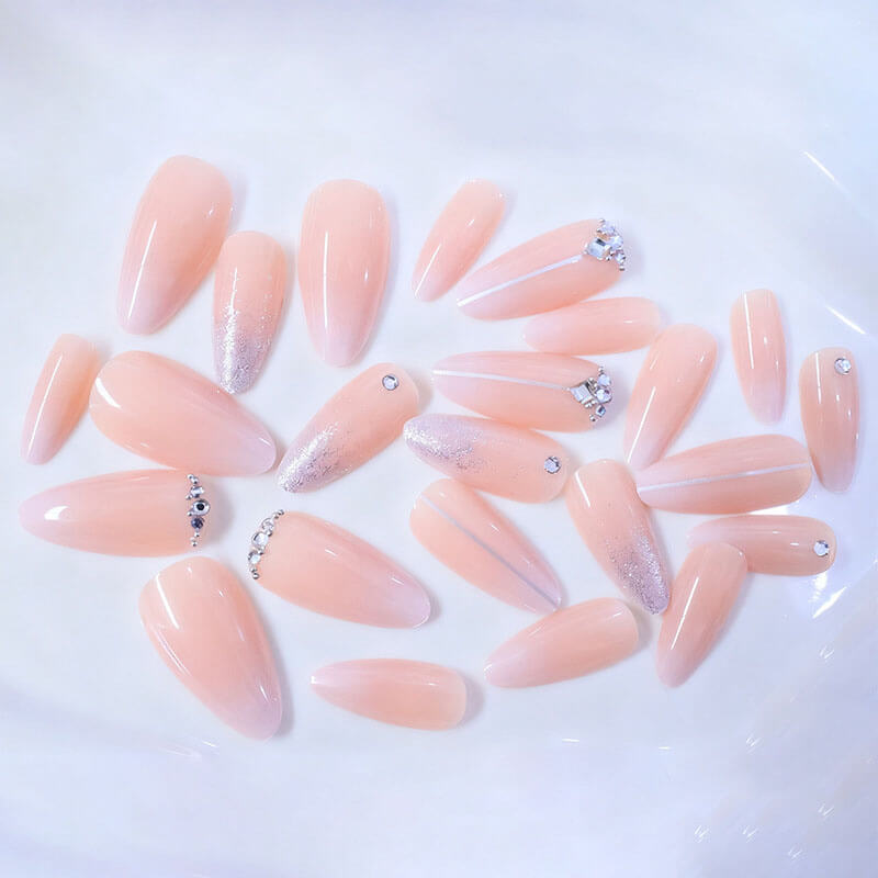 High-end fashion manicure glitter lines diamonds long almond wear nails 24pcs