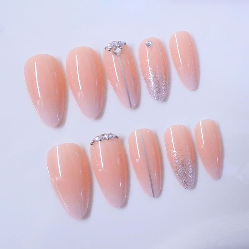 High-end fashion manicure glitter lines diamonds long almond wear nails 24pcs