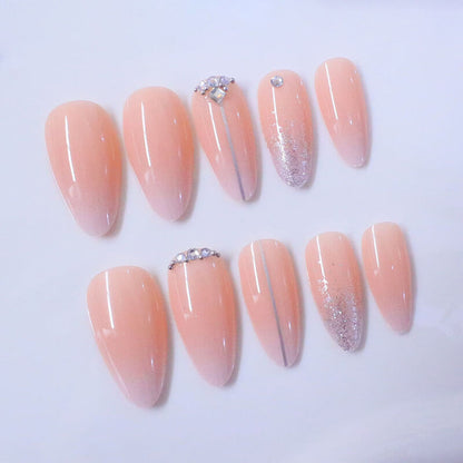 High-end fashion manicure glitter lines diamonds long almond wear nails 24pcs