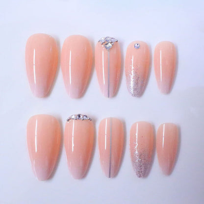 High-end fashion manicure glitter lines diamonds long almond wear nails 24pcs
