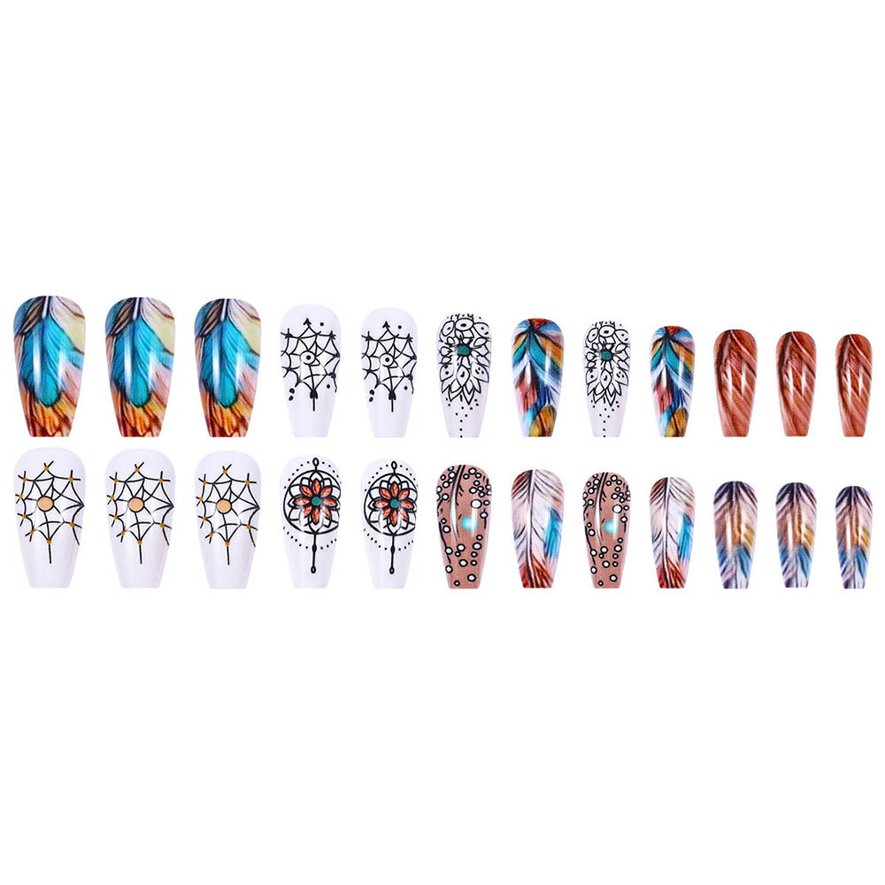Manicure Colorful Feather Stained Nail Pieces Elegant Nail Design Fake Nail Art