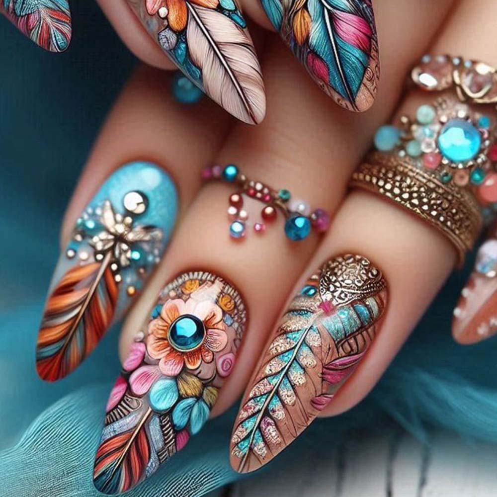 American Colorful Feather Nail Stickers Retro-style Nail Clips Wearable Fake Nails