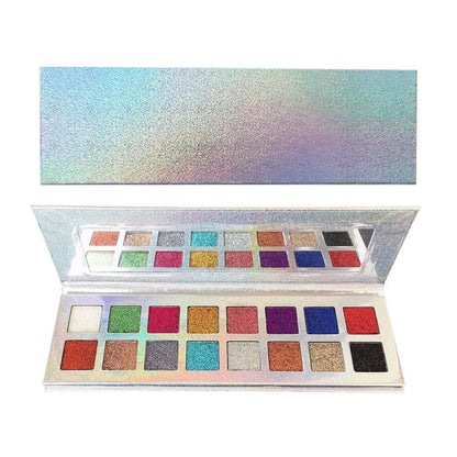 Palette de 16 fards à paupières pailletés nacrés et brillants, effet électroplaqué.