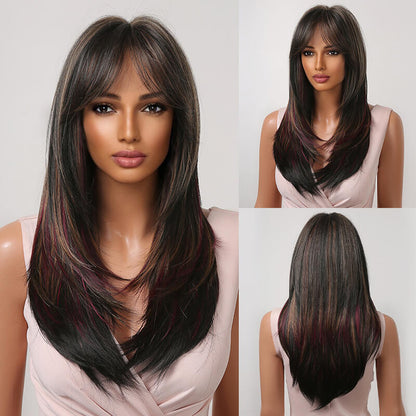 Gradient wig long straight hair full fiber women headwear 24 inch