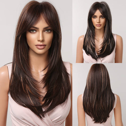 Gradient wig long straight hair full fiber women headwear 24 inch