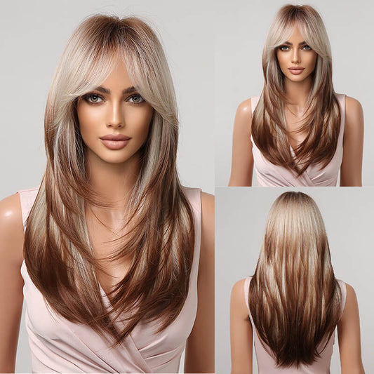 Gradient wig long straight hair full fiber women headwear 24 inch