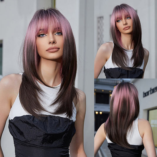 New gradient wigs cosplay punk long straight hair pink full headgear wig
