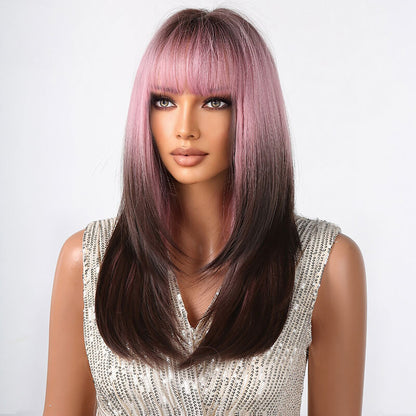 New gradient wigs cosplay punk long straight hair pink full headgear wig
