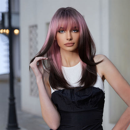 New gradient wigs cosplay punk long straight hair pink full headgear wig