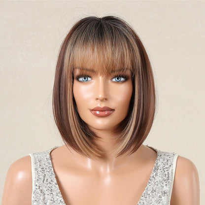Women wigs with bangs bob hair short straight hair full wig cover headgear