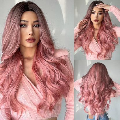 Pink gradient wigs long curly hair medium-parted wig headgear