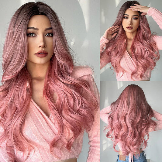 Pink gradient wigs long curly hair medium-parted wig headgear